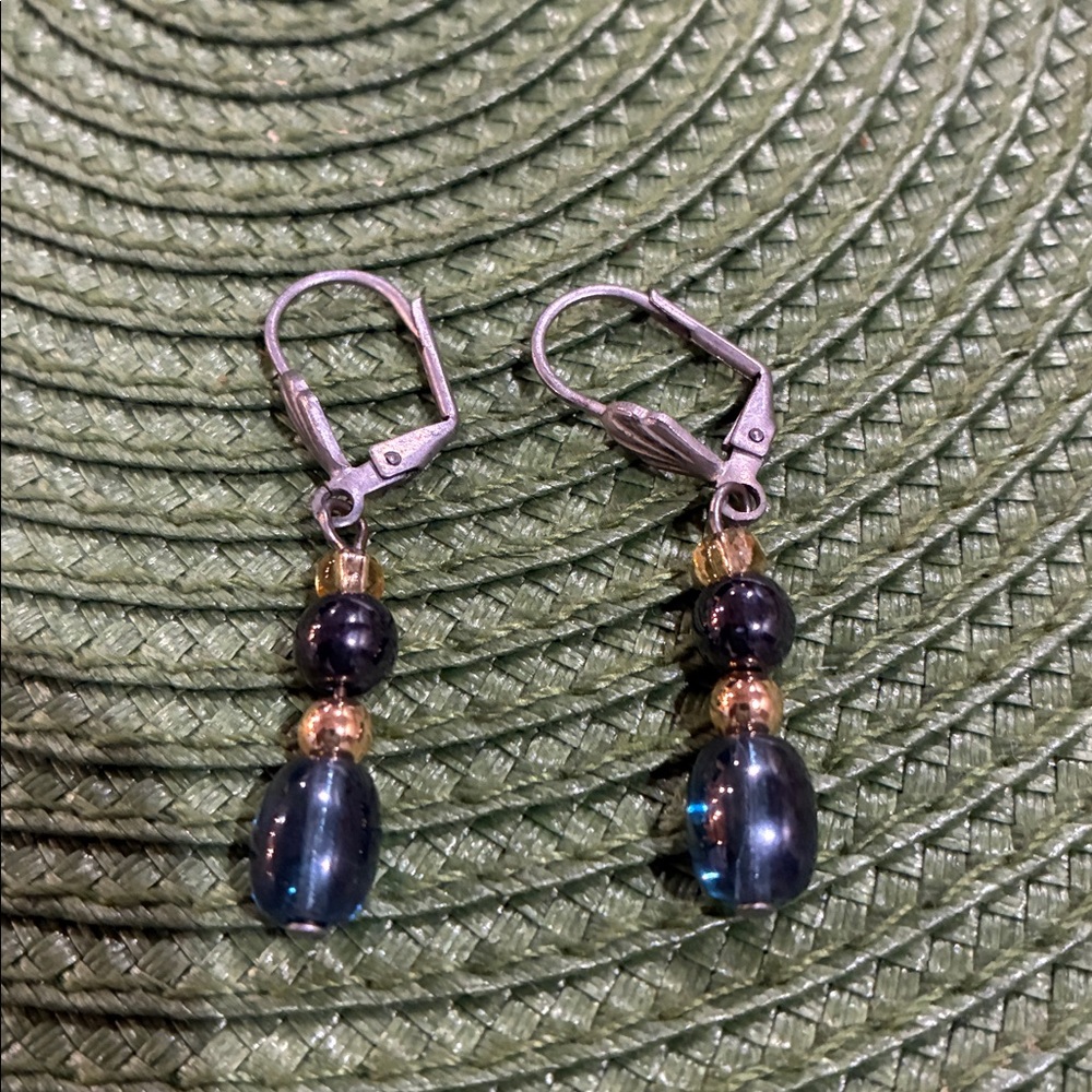 Elegant glass beads Blue and Gold Dangle Earrings